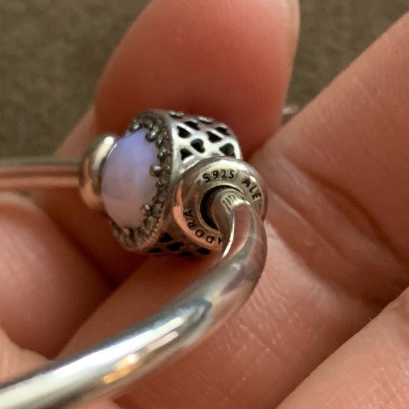 Pandora Open Bangle Charm Bracelet w/ 1 Pandora Charms & 2 Pandora Stoppers EUC - Picture 8 of 16